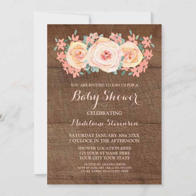 Invitation Baby shower Floral à l'aquarelle de la Pêche au bo (Dos)