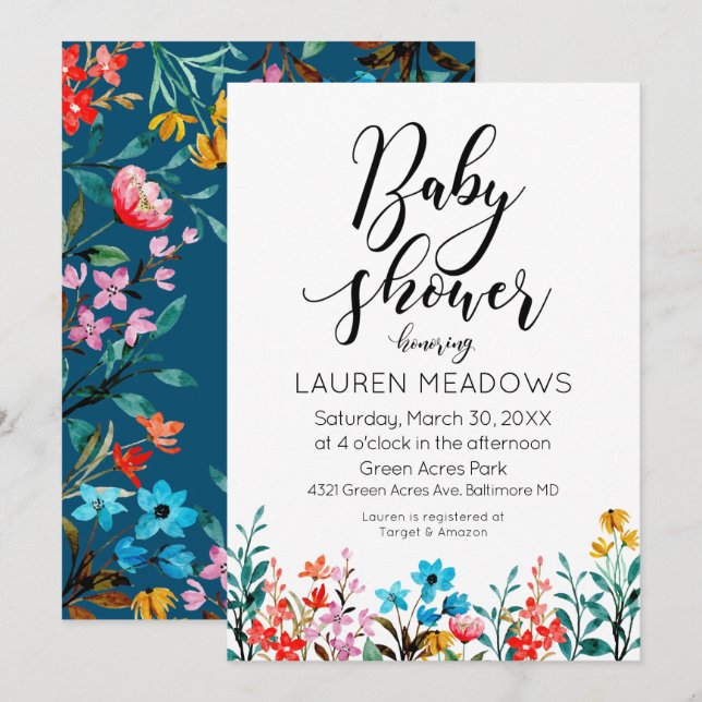 Invitation Baby shower floral à l'aquarelle de pri (Devant / Derrière)