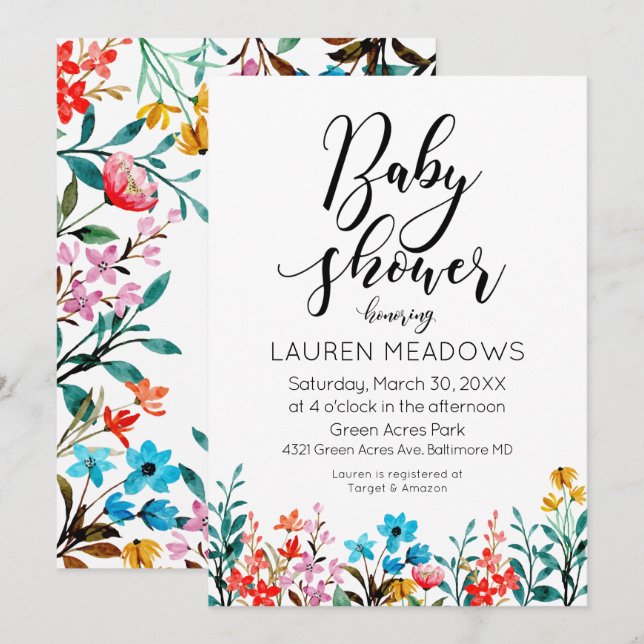 Invitation Baby shower floral à l'aquarelle de pri (Devant / Derrière)