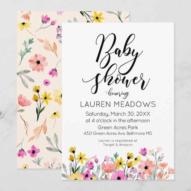 Invitation Baby shower floral à l'aquarelle de pri (Devant / Derrière)