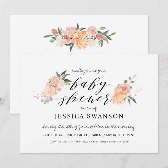 Invitation Baby shower floral à l'aquarelle de printemps (Devant / Derrière)