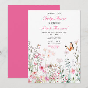 Invitation Baby shower floral à papillon rose profond du prin