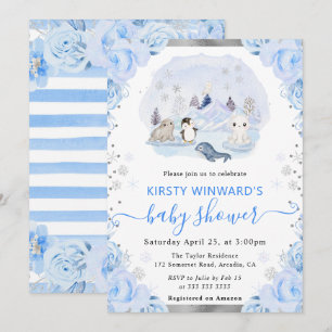 Invitation Baby shower Floral Animaux Arctiques Aquarelle