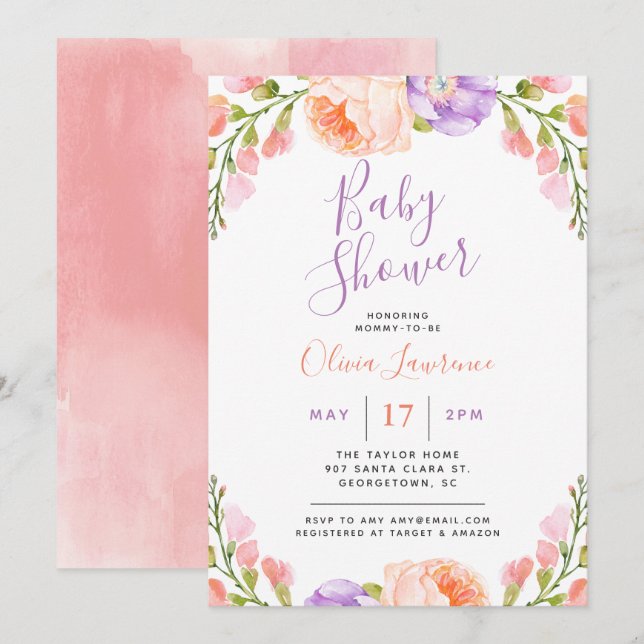 Invitation Baby shower Floral Aquarelle (Devant / Derrière)