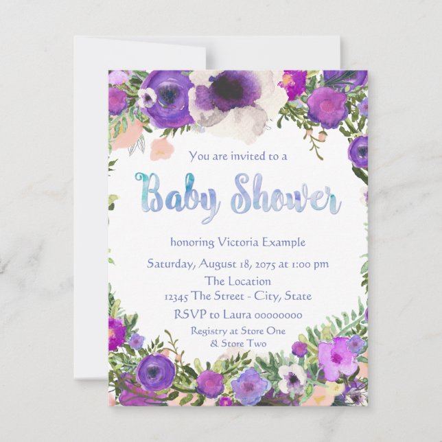 Invitation Baby shower floral aquarelle (Devant)