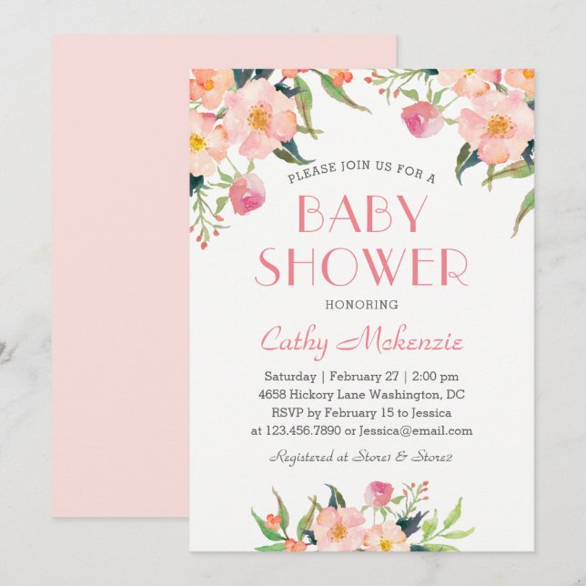 Invitation Baby Shower Floral Aquarelle Rose Élégant (Devant / Derrière)
