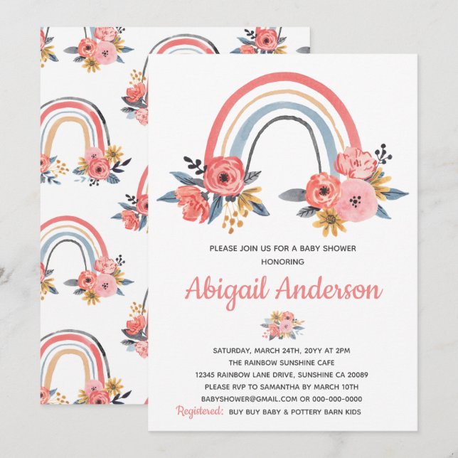 Invitation Baby shower Floral Arc-en-ciel élégant Aquarelle (Devant / Derrière)