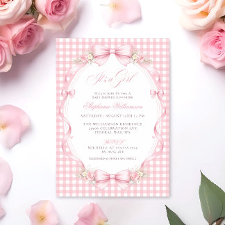 Invitation Baby shower floral au noeud en vichy rose