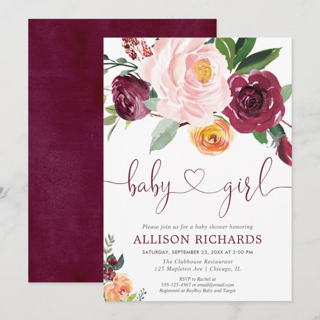 Invitation Baby shower floral automne fille, rose rousse bord (Devant / Derrière)