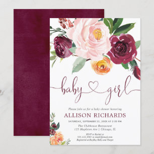Invitation Baby shower floral automne fille, rose rousse bord