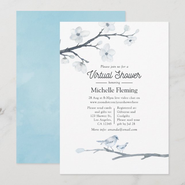 Invitation Baby shower Floral aux fleurs de cerisiers (Devant / Derrière)