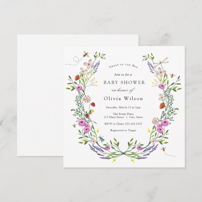 Invitation Baby shower floral Baby to Bee Boho (Devant / Derrière)