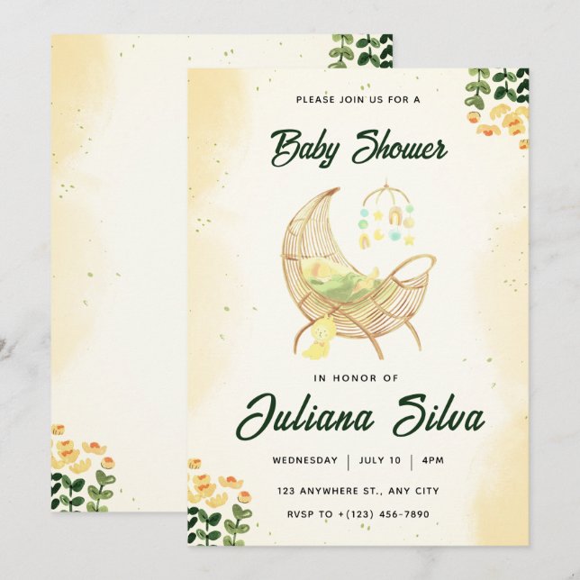Invitation Baby shower floral bébé (Devant / Derrière)