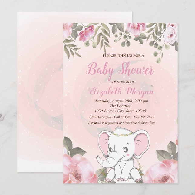 Invitation Baby shower floral bébé éléphant (Devant / Derrière)