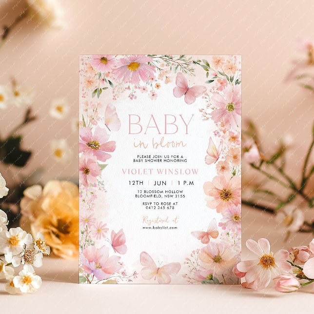 Invitation Baby shower floral bébé en rose rose fleur (Pink Peach Floral Invitation with Butterflies. Baby in Bloom Baby shower theme. )