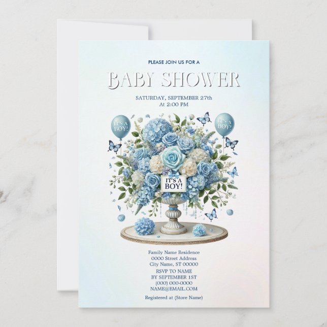 Invitation Baby shower Floral Blanc Bleu (Devant)