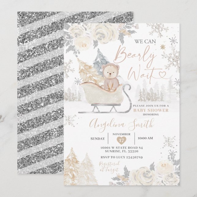 Invitation Baby shower floral blanc crémeux de l'ours (Devant / Derrière)
