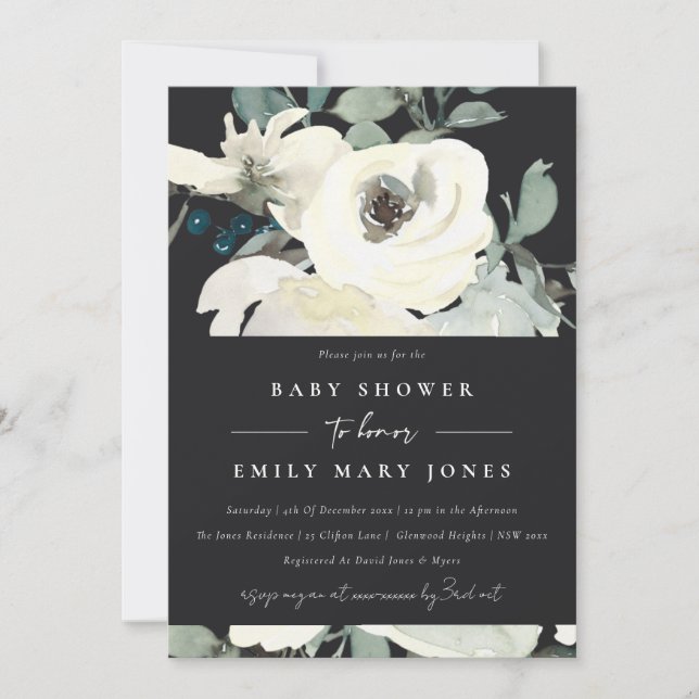 INVITATION BABY SHOWER FLORAL BLANC EN IVOIRE NEUTRE NOIR (Devant)