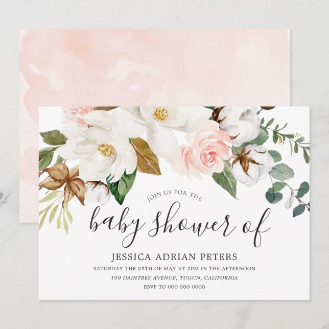 Invitation Baby shower floral blanc et blanc (Devant / Derrière)