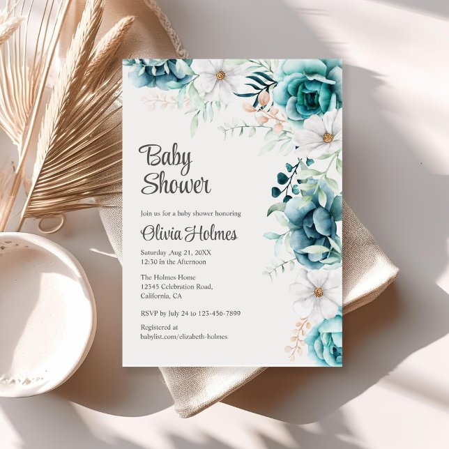 Invitation Baby shower floral blanc et Turquoise (Off-White and Teal Floral Baby Shower Invitation)