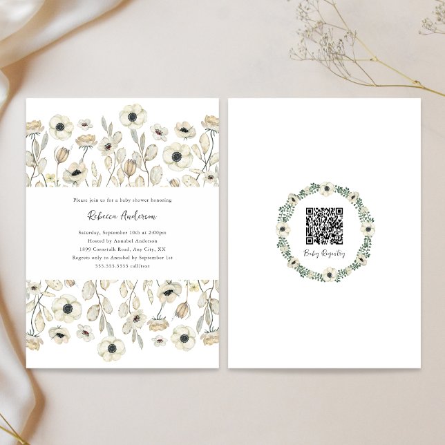 Invitation Baby shower Floral blanc + registre QR (Créateur téléchargé)