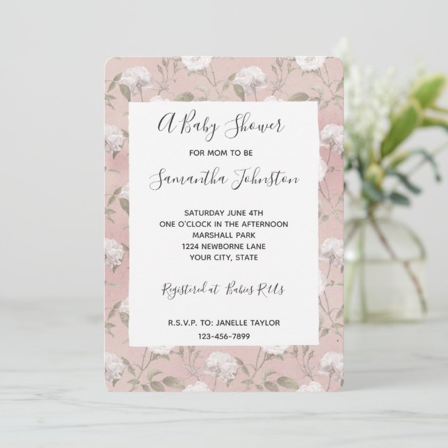 Invitation Baby shower Floral blanc rose Rose (Debout devant)