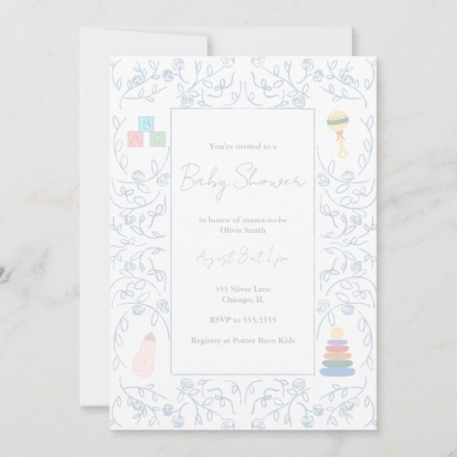 Invitation Baby shower Floral Bleu (Devant)