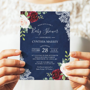 Invitation Baby shower floral bleu bleu bleu bleu bleu marine