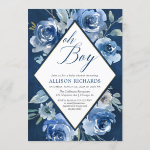 Invitation Baby shower floral bleu de garçon oh