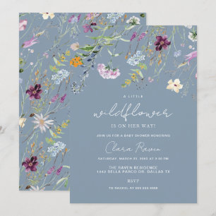 Invitation Baby shower Floral bleu Dusty Fleur sauvage