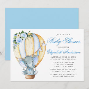 Invitation Baby shower Floral Bleu Eléphant