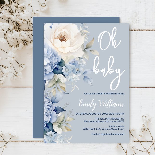 Invitation Baby shower floral bleu et blanc poussiéreux (Dusty blue watercolor flowers peonies rustic gender neutral baby shower invitation )