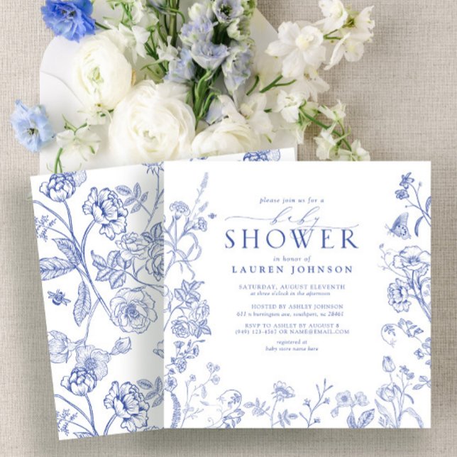 Invitation Baby shower Floral bleu et blanc victorien (Créateur téléchargé)