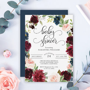 Invitation Baby shower floral bleu et bordeaux de la marine