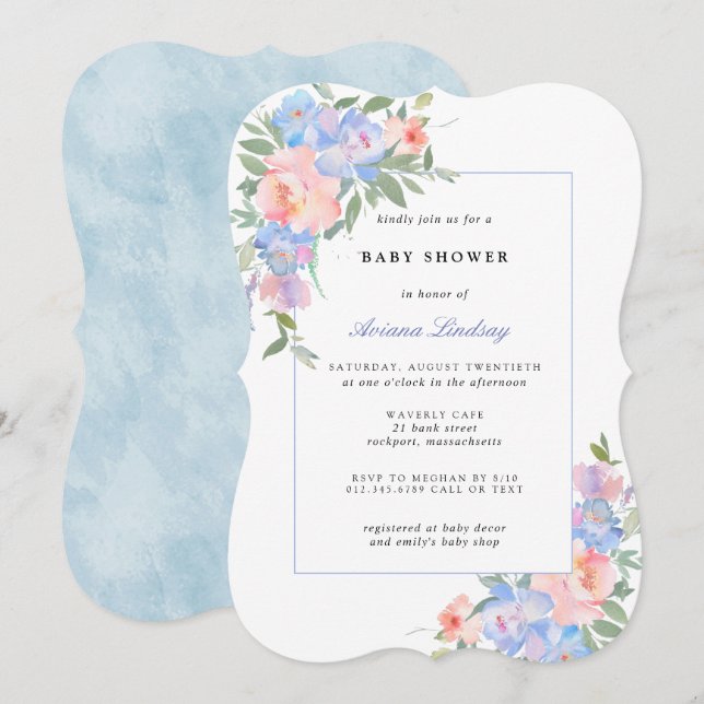 Invitation Baby shower floral bleu et rose (Devant / Derrière)