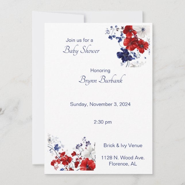 Invitation Baby shower Floral bleu et rouge (Devant)