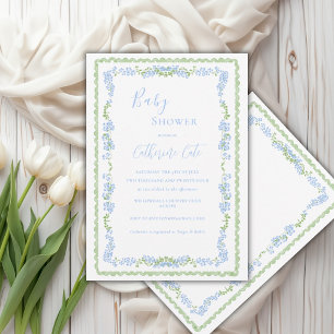Invitation Baby Shower Floral Bleu Fantaisiste 