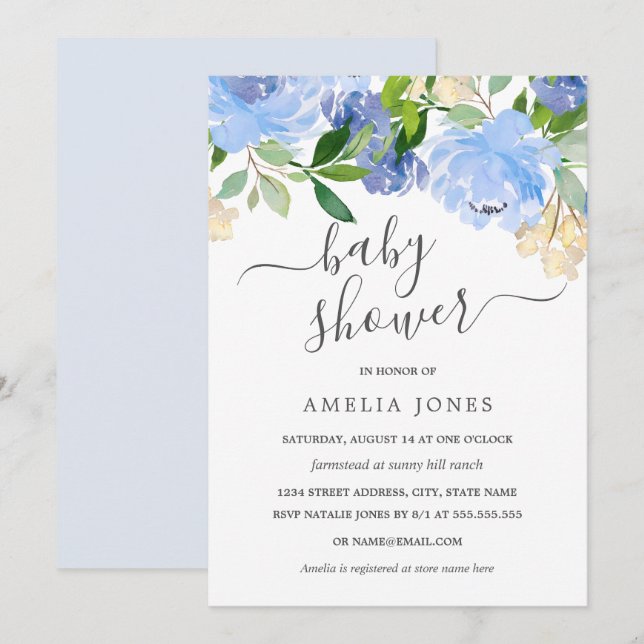 Invitation Baby shower floral bleu marine (Devant / Derrière)