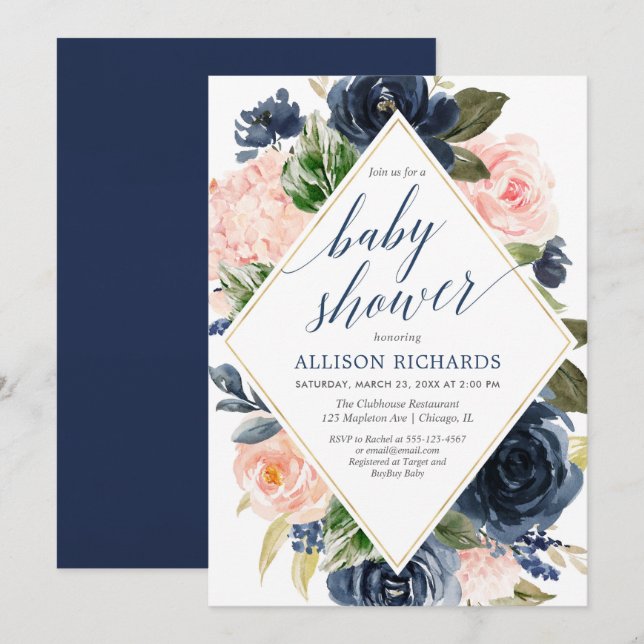 Invitation Baby shower floral bleu marine (Devant / Derrière)