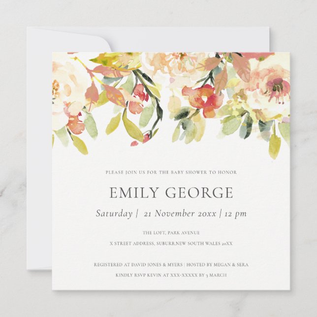 INVITATION BABY SHOWER FLORAL BLEU PEACH ROSE (Devant)