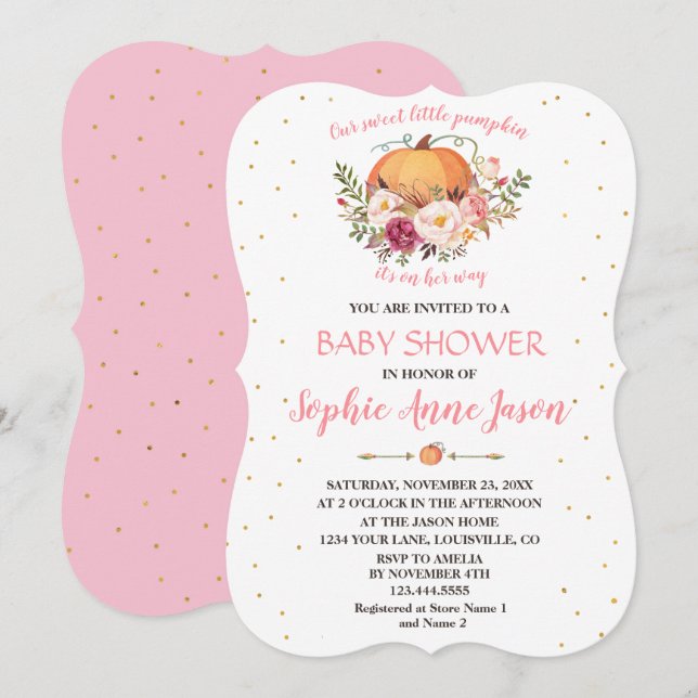 Invitation Baby shower Floral Bleu Petit Citrouille (Devant / Derrière)