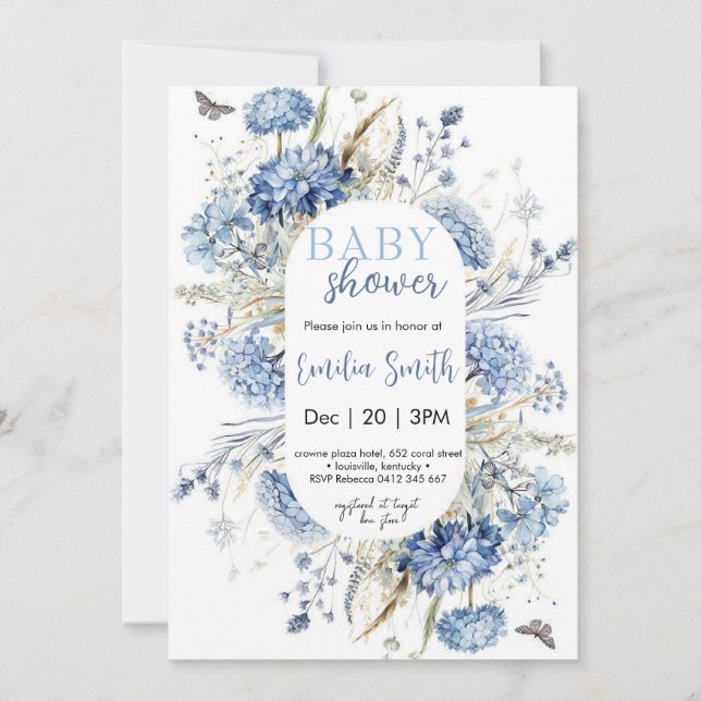 Invitation Baby shower floral bleu poussiéreux (Devant)