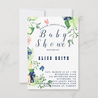 Invitation Baby shower floral bleu printemps