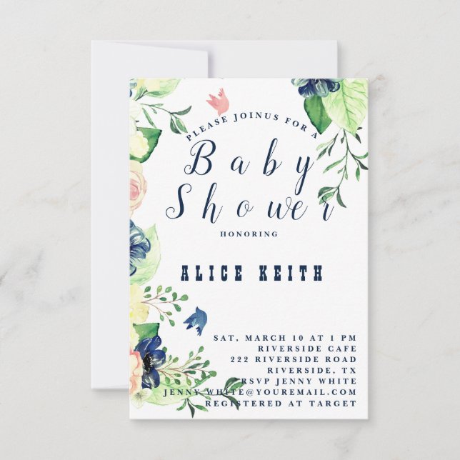 Invitation Baby shower floral bleu printemps (Devant)