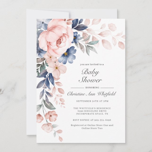 Invitation Baby shower Floral bleu rose (Devant)