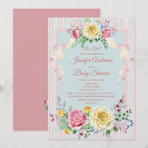Invitation Baby shower floral bleu rose de fille