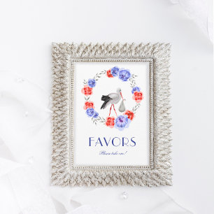 Invitation Baby shower floral bleu rouge cigogne Favoriser pa