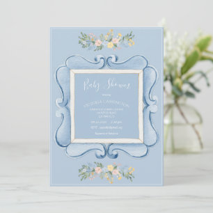 Invitation Baby Shower Floral Bleu Vintage