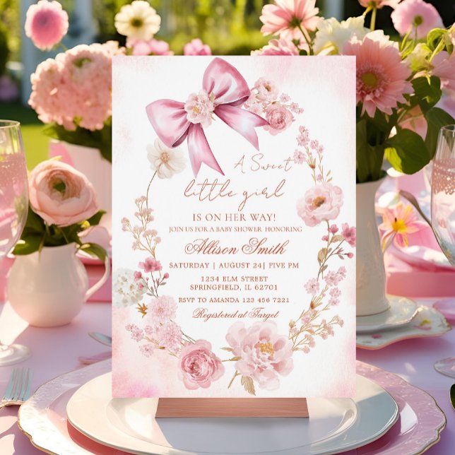 Invitation Baby shower Floral Blush Pink Bow (Créateur téléchargé)