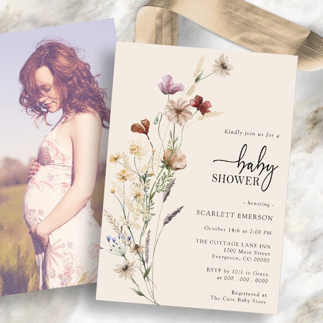 Invitation Baby shower Floral Boho (Boho Wildflower Floral Baby Shower Invitation with photo on the back by Painted Paperie
)